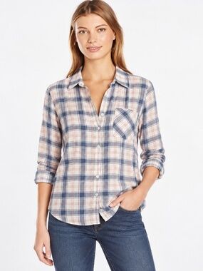 PAIGE 100% Cotton Plaid Button Down Shirt Blue Blush Women Size M